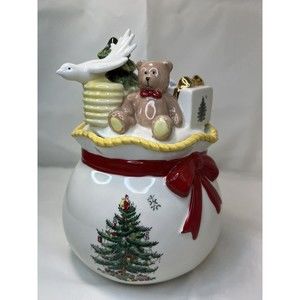 Spode Christmas Tree Round Covered Candy Box Container W Bear Dove‎ Tree Lid